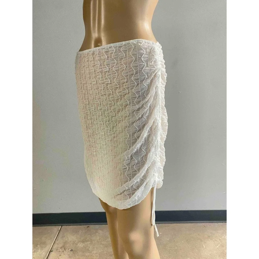 White Ruched Textured Mini Skirt Sarong Festival Bodycon Sheer Large